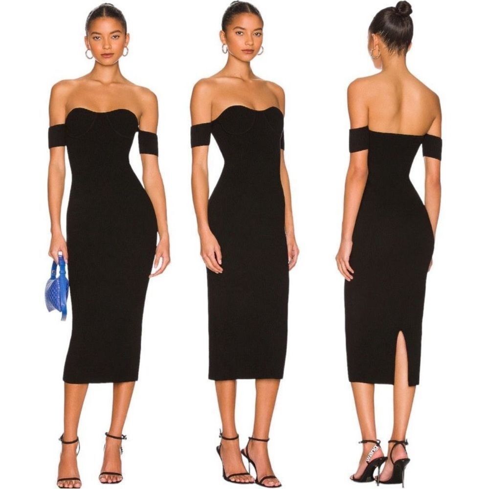 Helmut Lang ribbed contour off shoulder midi dress